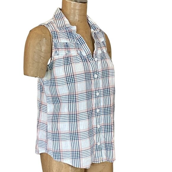 Old Ranch Cotton Plaid Smock Accent Sleeveless Button-Down Top Sz S #278G - Picture 3 of 9